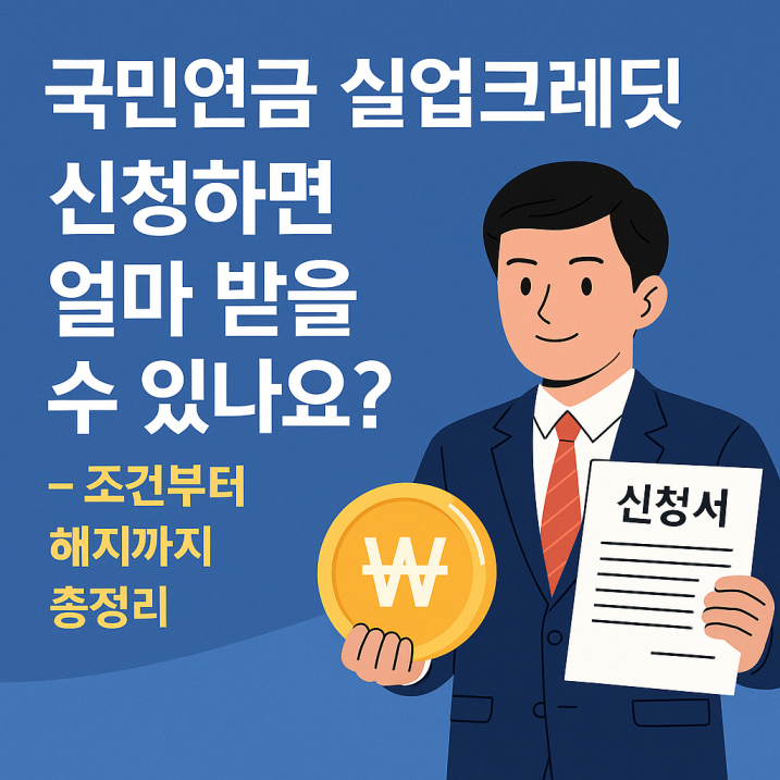 국민연금 실업크레딧 신청 정보 배너 – 신청서와 금화를 들고 있는 남성 일러스트와 함께 조건부터 해지까지 안내하는 텍스트 구성