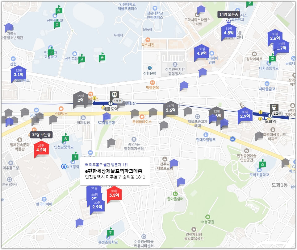 e편한세상 제물포역 파크메종 주변 아파트 가격