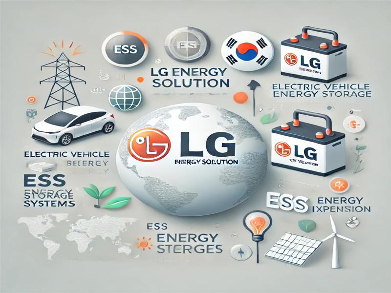 LG에너지솔루션의 전기차 배터리, ESS 시스템, 글로벌 생산기지 확장을 시각화한 인포그래픽 이미지 – 전기차, 배터리, 세계지도, 태양광, 풍력 아이콘 포함