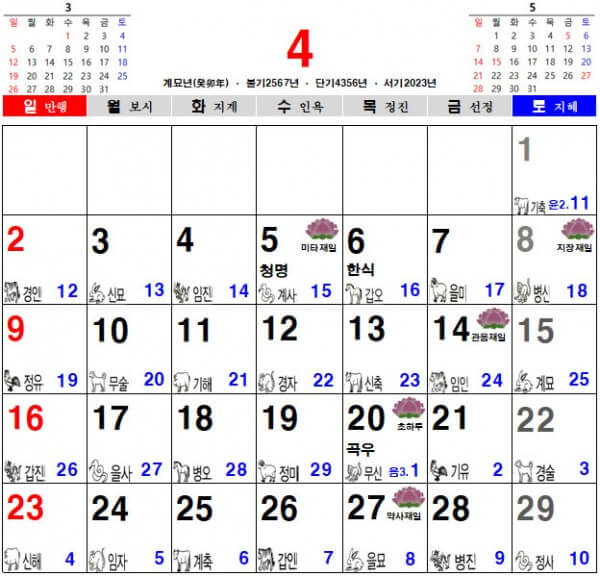 2023년 4월 음력 달력&#44; 불교 달력&#44; 일진 달력