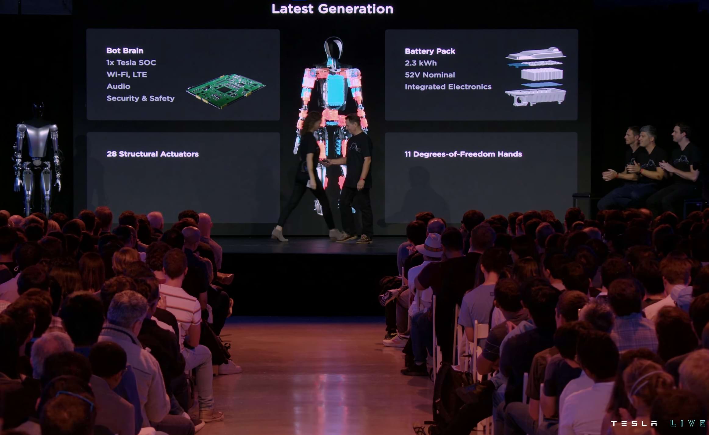 Tesla 로봇의 버전 1에서는 프로토타입으로 가장 기본적인 기능은 Wi-Fi ,  오디오  보안 ,  액추에이터 ,  로봇 손과 같은 기본 기능을 보여주었습니다.