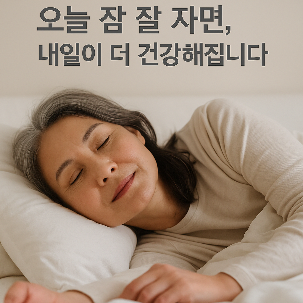 편안한 표정으로 눈을 감고 누운 중년 여성