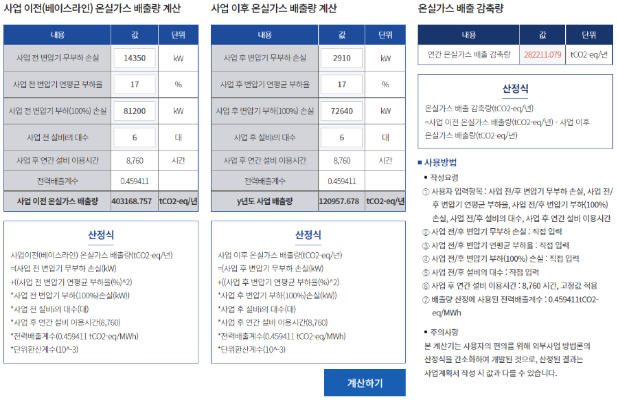 한국에너지공단 온실가스 감축량 계산기 사용화면