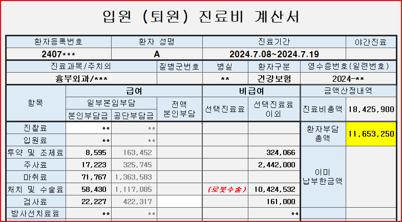 흉선암 진단 후 로봇 보조 흉선절제술 시행한 병원비 사례