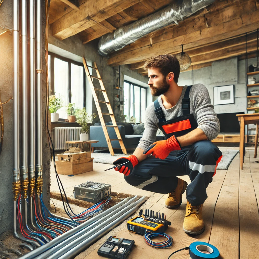 전기 배선과 난방 시설을 점검하는 공사 현장 worker