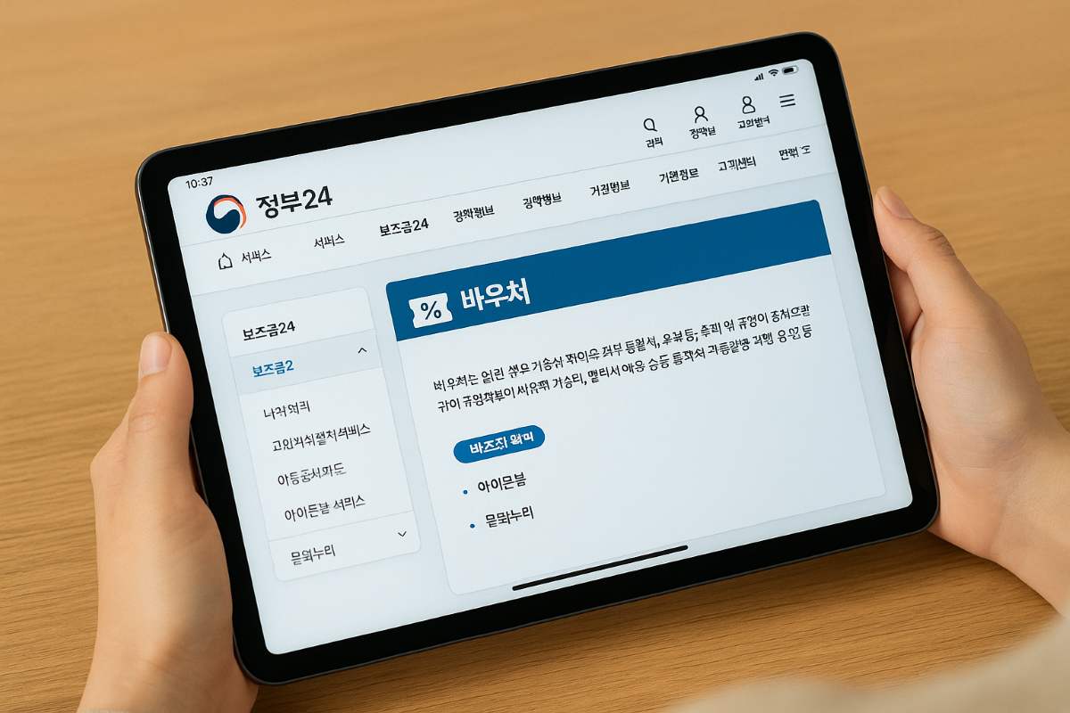 에너지 바우처 정보 페이지가 열린 태블릿