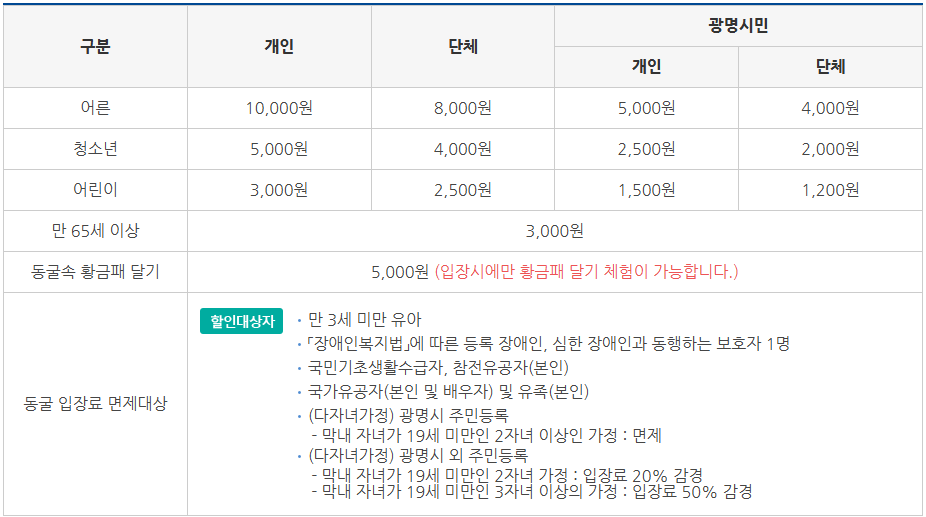 광명동굴 입장료
