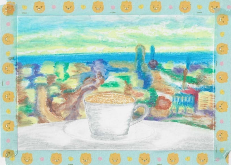 황토색으로 커피 잔의 커피의 밑색을 칠한 그림