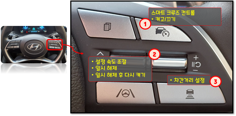 현대 더 뉴 팰리세이드 - 스마트 크루즈 컨트롤 사용을 위한 주행 보조 버튼