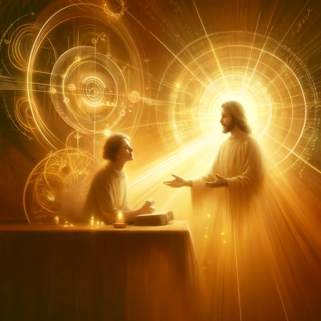 Here is the image illustrating a scene of sharing faith and love in Christ&amp;#44; inspired by 2 Timothy 1:13-14. The calm&amp;#44; golden light reflects divine guidance and the gentle conviction of spreading love through words and evangelism.