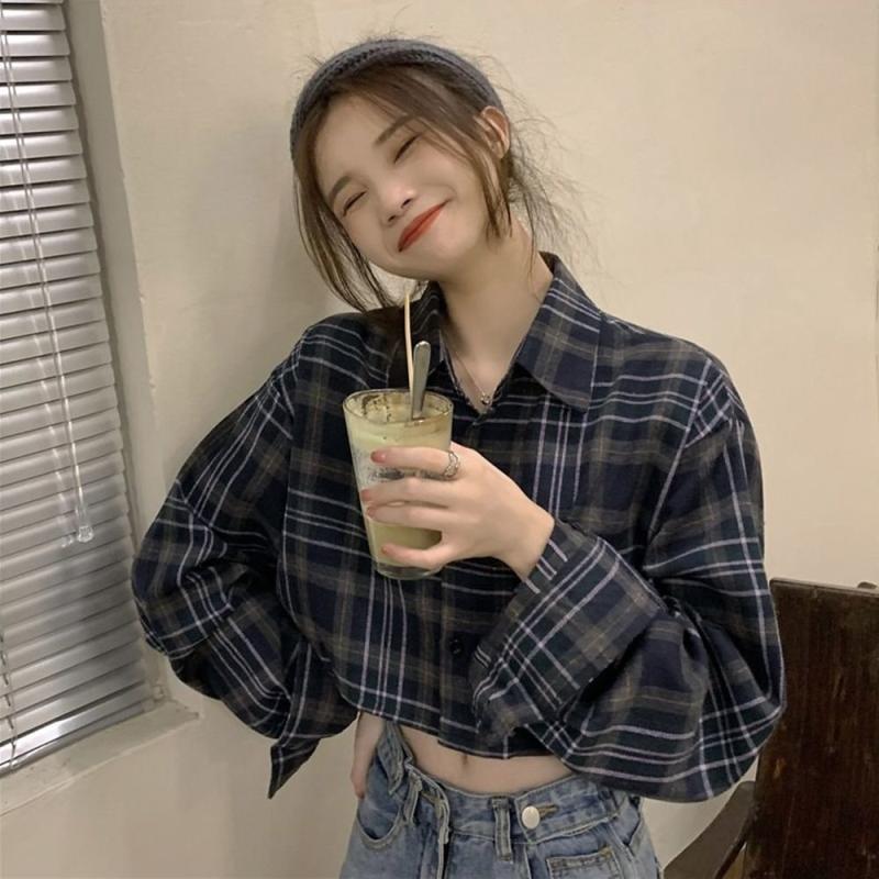 메이비굿 여성셔츠 체크 크롭긴팔셔츠 여성상의