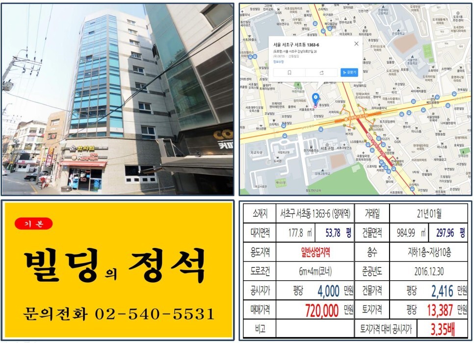  [서초구 70억 올근생 꼬마빌딩 실거래가 조회] 서초동 1363-6 (양재역) 72억 원, 평당 1억 3,387만 원 매매되었습니다. 신분당선