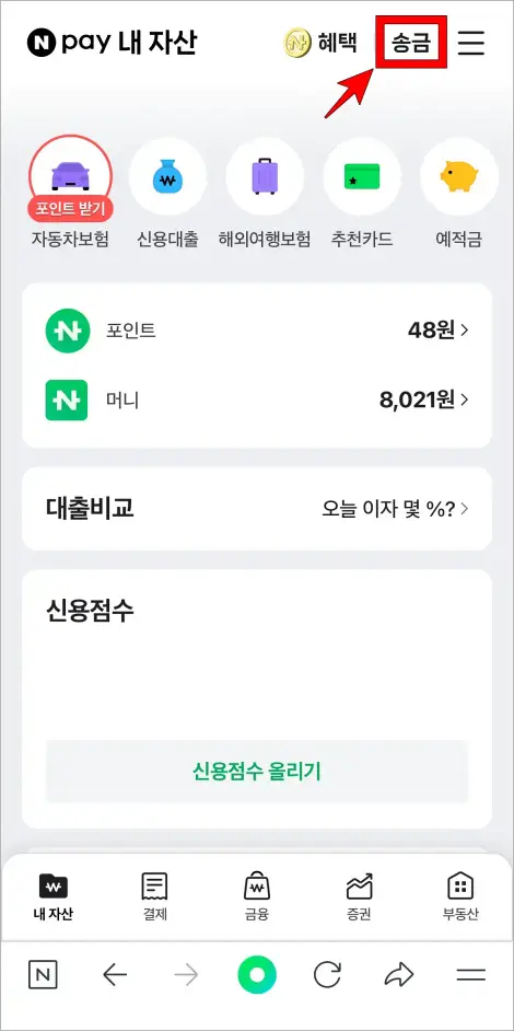 네이퍼페이의 [송금]을 선택