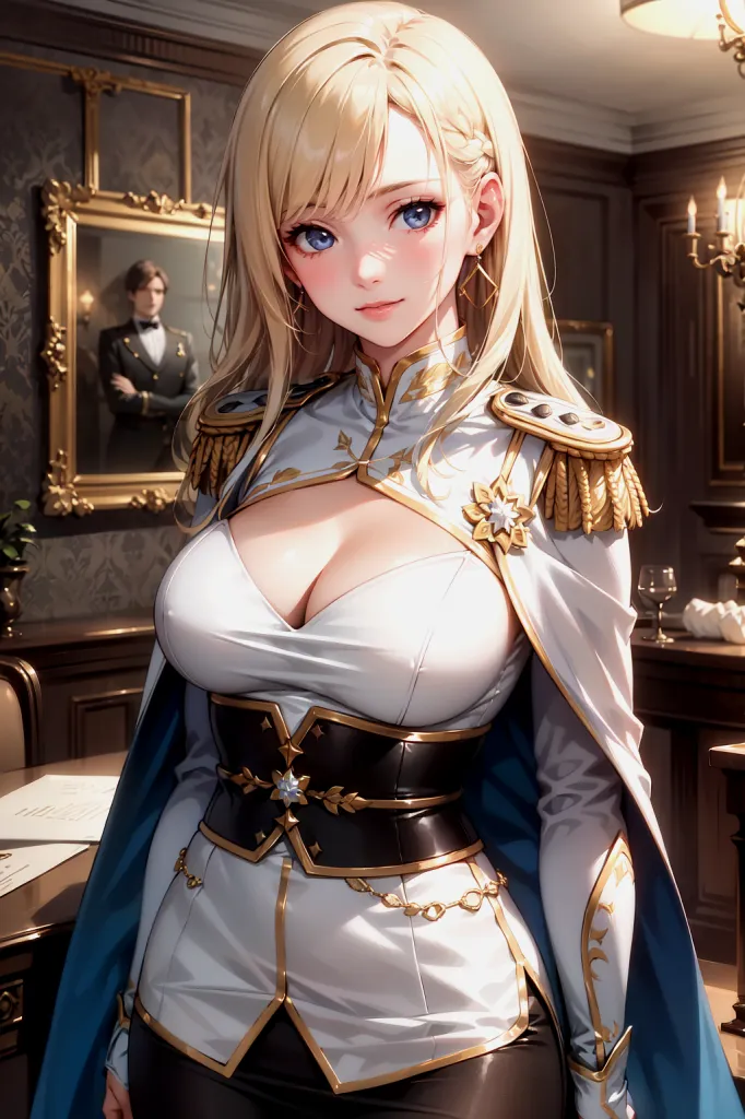 AI 2D Anime 럭셔리 파티 드레스 왕실 룩북 이미지. 서있는 자세
