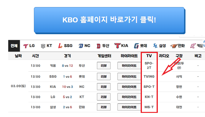 프로 야구 온라인 TV 채널 중계 방송 KBO 하이라이트