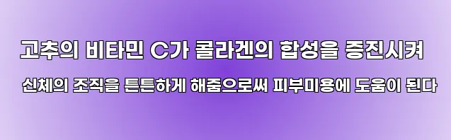  고추의 비타민 C가 콜라겐의 합성을 증진시켜 신체의 조직을 튼튼하게 해줌으로써 피부미용에 도움이 된다