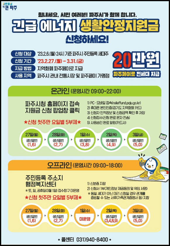  파주시 긴급 에너지 생활안정지원금 20만원 지원