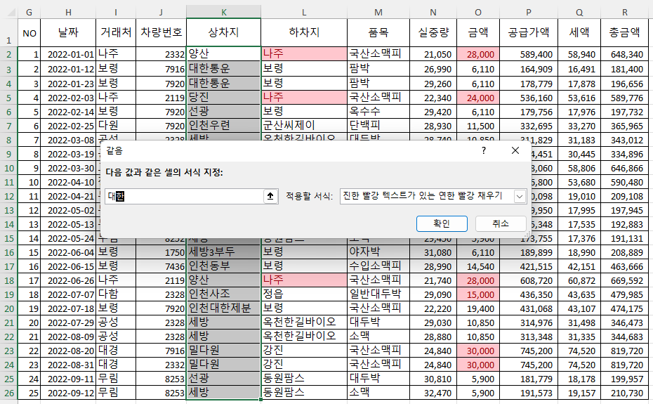 셀 강조 규칙 - 같음의 조건 및 적용 서식. 대한이라고 부분을 입력하면 조건에 맞지 않음