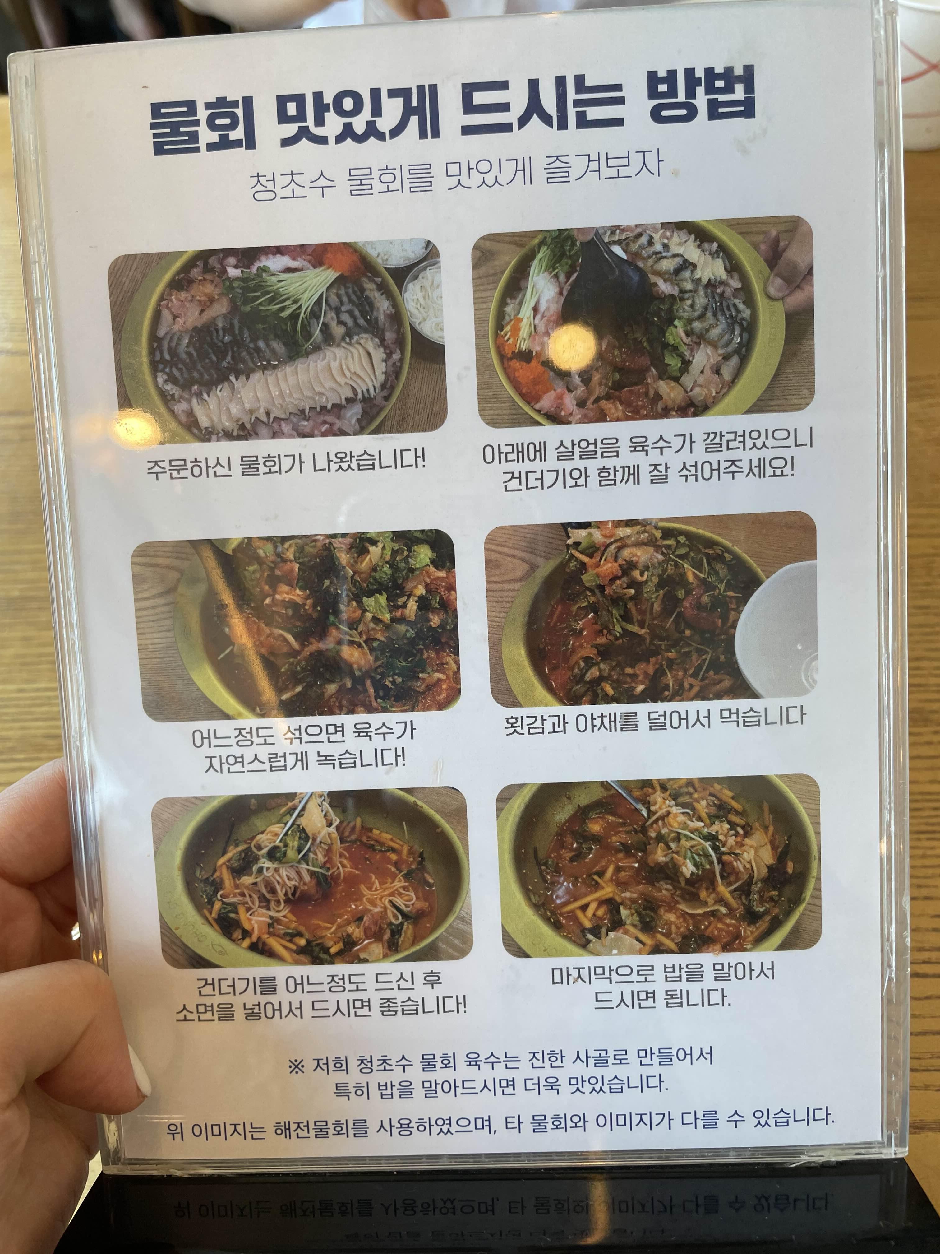 청초수물회 메뉴