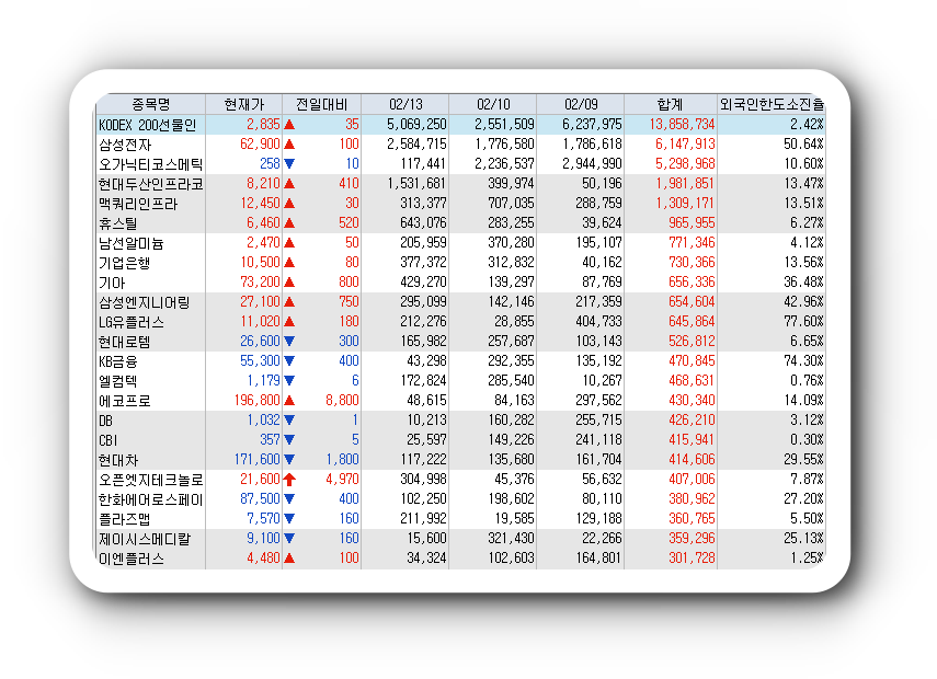  2월13일 코스피 코스닥 외국인 연속 순매수 순매도 상위 종목 TOP 100