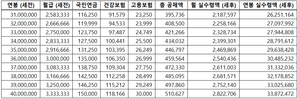 2025 연봉 실수령액 표