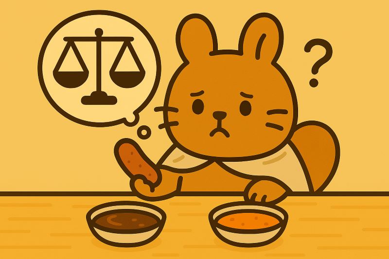 두 가지 순대 소스를 앞에 두고 고민에 빠진 귀여운 토끼 캐릭터