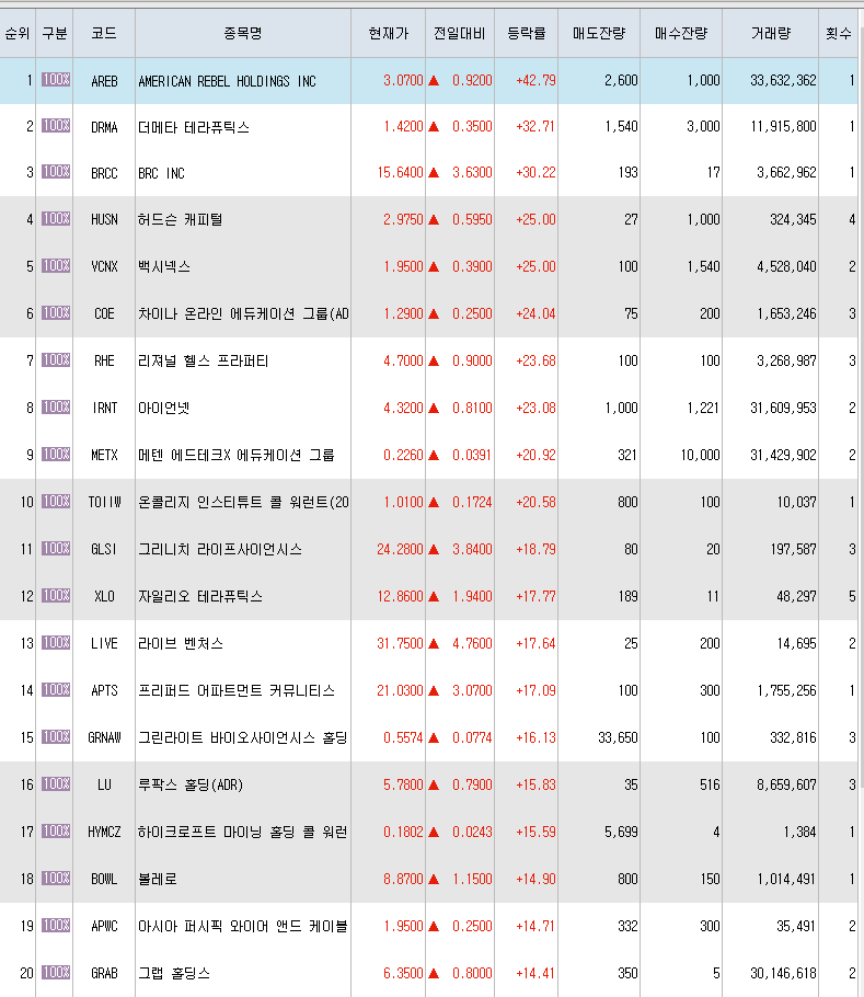  2월10일 미국주식 상승률 상위 종목 TOP 300