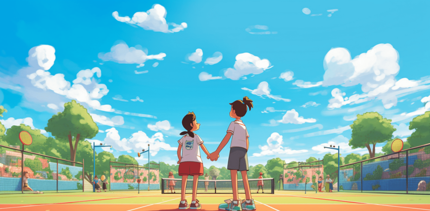 Couple on a sunny tennis court.