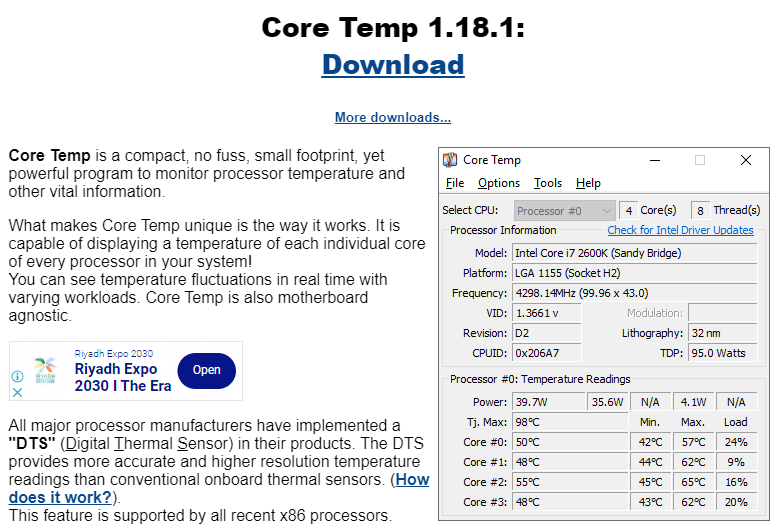 Core Temp 다운로드 페이지