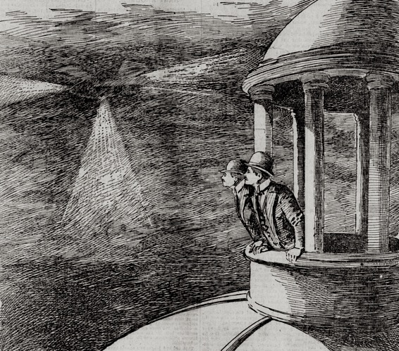 1896년 11월 29일&#44; 일간지 &#39;샌프란시스코 콜&#39;에 묘사된 바와 같이 캘리포니아 주 의사당 돔에서 관찰된 미스터리 비행선(Wikimedia Commons)