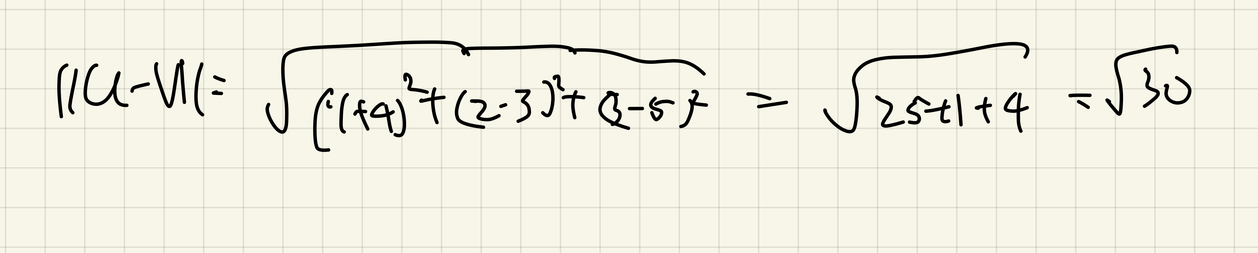 u(1&#44;2&#44;3)&#44; v=(-4&#44;3&#44;5)의 거리를 구한 이미지&#44; sqrt(30)