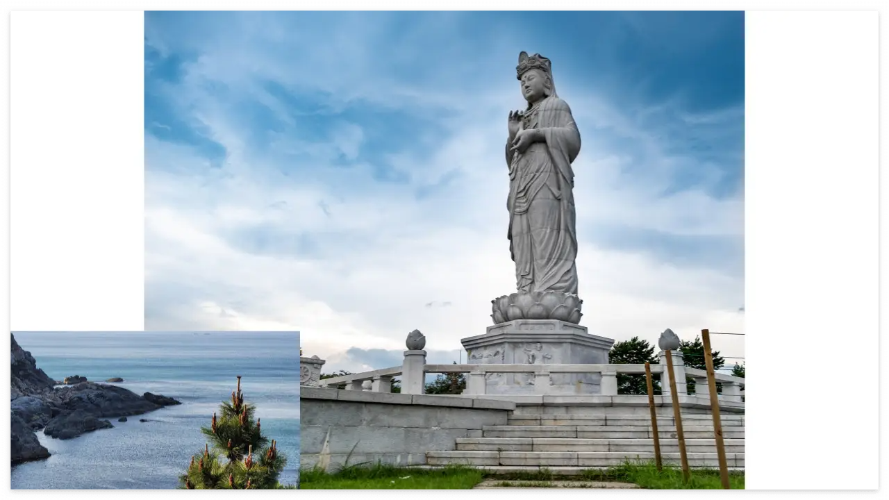 낙산사(해수 관음상), 낙산사는 의상대사가 세운 고찰입니다(작은 사진은 낙산사 홍련암에서 바로본 풍경)