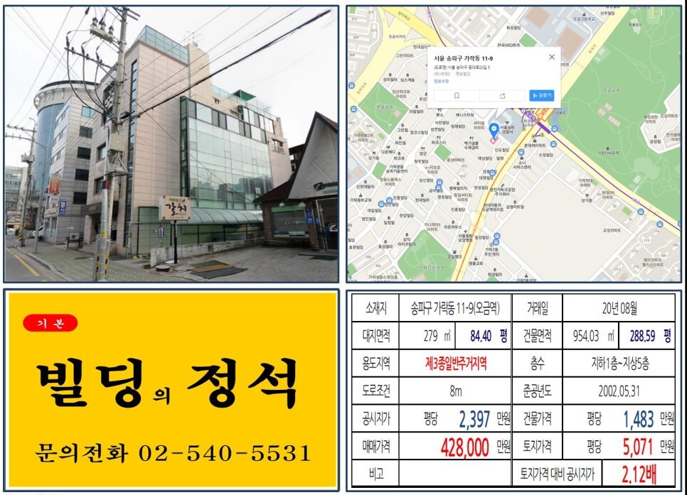  [송파구 초역세권 40억 꼬마빌딩 실거래가 조회] 가락동 11-9 (오금역) 42.8억 원, 평당 5,071만 원 매매되었습니다. 성동구치소 이