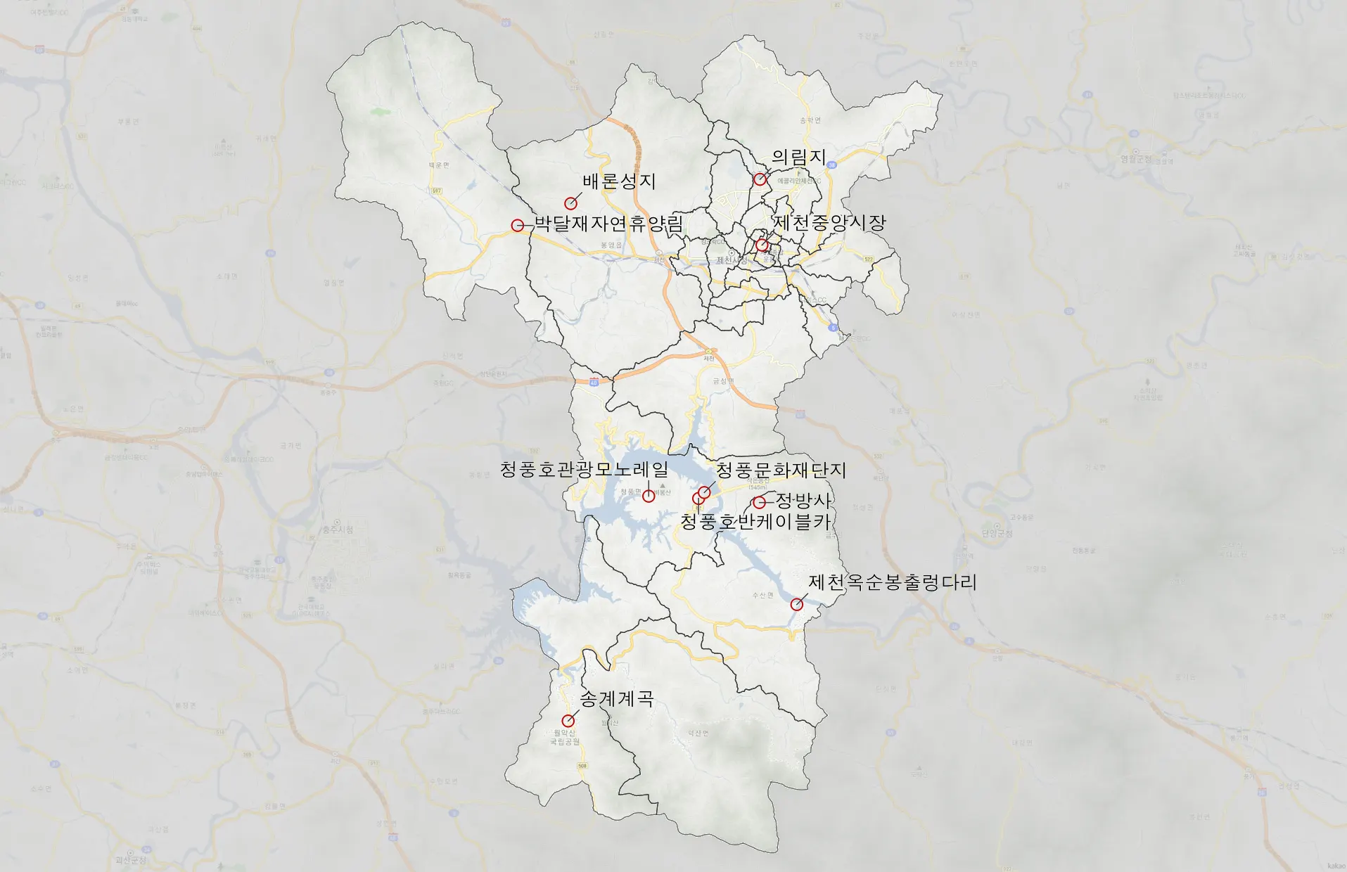 제천 가볼만한 10곳 위치도