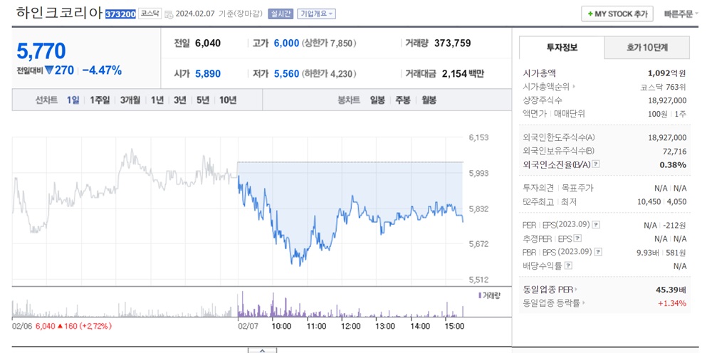 하인크코리아 주가정보