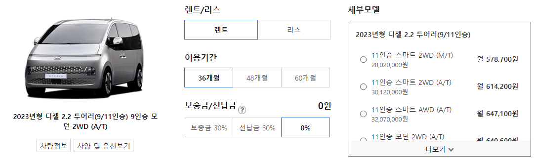 스타리아 장기렌트 가격