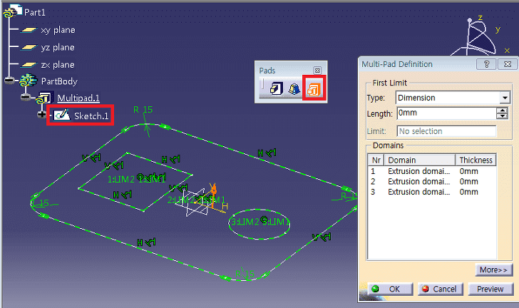  Catia Tutorial 6. Multi Pad 도구를 이용하여 모델링