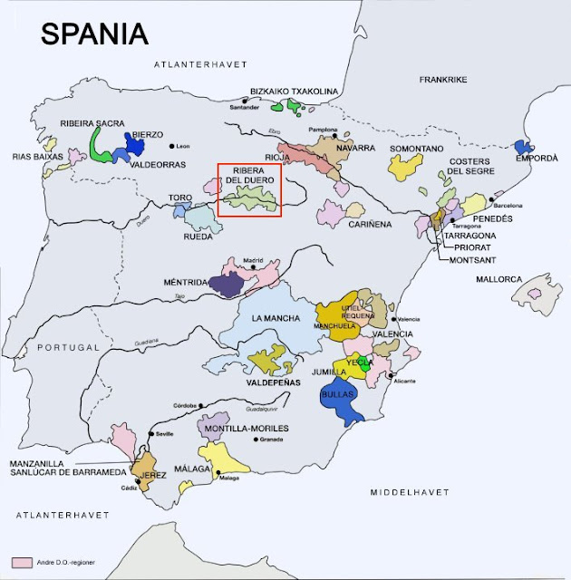 스페인 와인 지도와 리베라 델 두에로의 위치