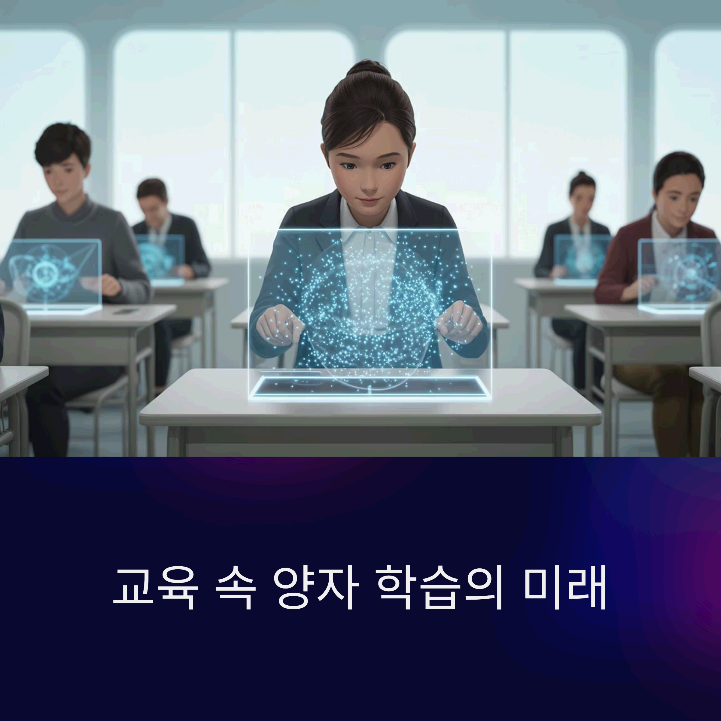 미래 교실에서 홀로그램 양자 컴퓨터로 학습 중인 학생들