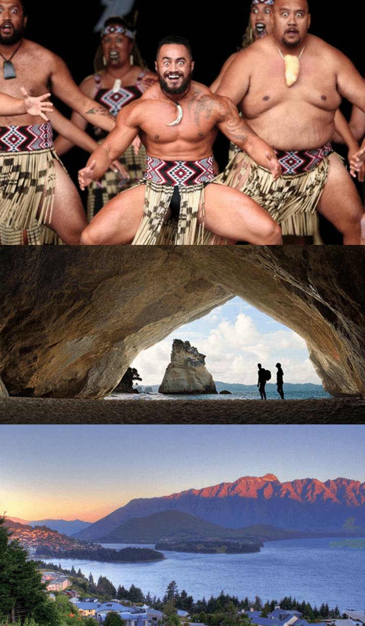 뉴질랜드-마오리-부족-강렬한-인상으로-춤을-추는-모습-커시드럴-코브과-함께-보이는-해변-사진-석양이-지는-뉴질랜드-퀸스타운-호수-사진
