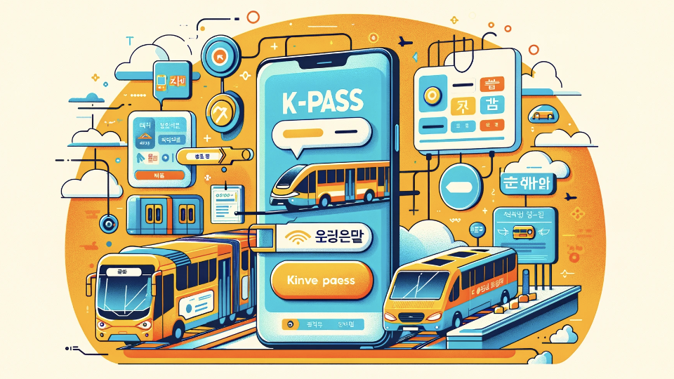 이미지는 K-Pass 교통카드의 온라인 발급 및 대중교통 요금 환급 방법을 소개하는 블로그 포스트를 위한 가로형 썸네일입니다. 여기에는 다양한 대중교통 수단&#44; K-Pass 앱 인터페이스를 보여주는 스마트폰&#44; 그리고 관련한 한국어 텍스트가 표시되어 있습니다.