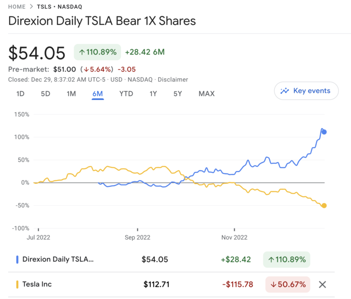 tSLS의 최근 6달 주가 수익률 vs 테슬라