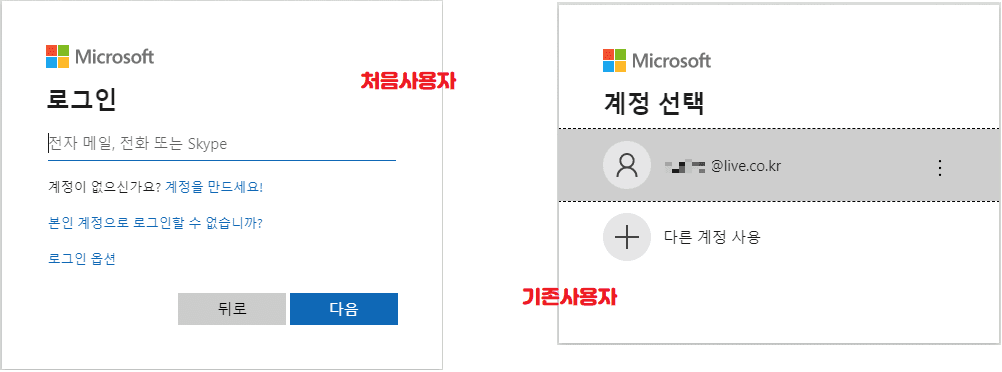 처음사용자용 로그인화면과 기존사용자용 계정선택화면
