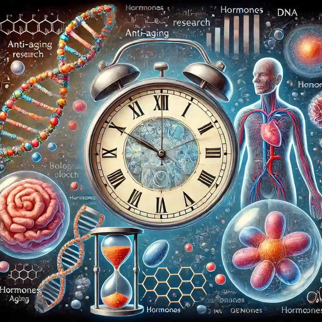 생물학적 인간 시계와 노화 방지 연구를 설명하는 이미지, 시계를 상징하는 요소와 함께 DNA와 텔로미어, 호르몬, 세포 구조 등이 포함되어 노화의 생물학적 과정을 표현