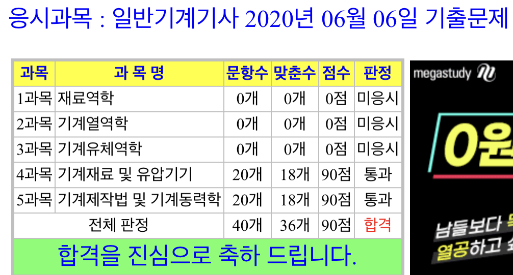  일반기계기사 2014년 4회차, 2020년 1,2통합회차 필기시험
