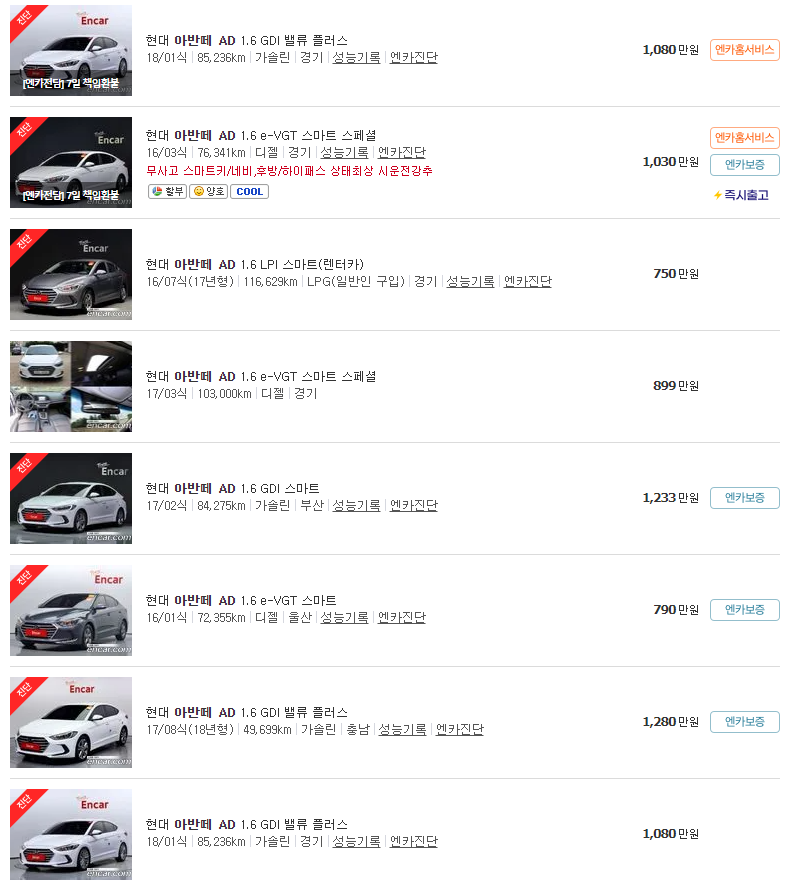 아반떼 AD(15~18년식) 중고차 가격