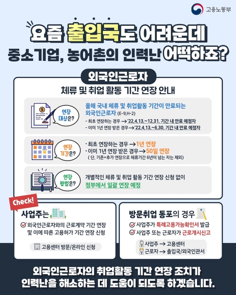  외국인근로자 체류·취업활동 기간 연장_고용노동부