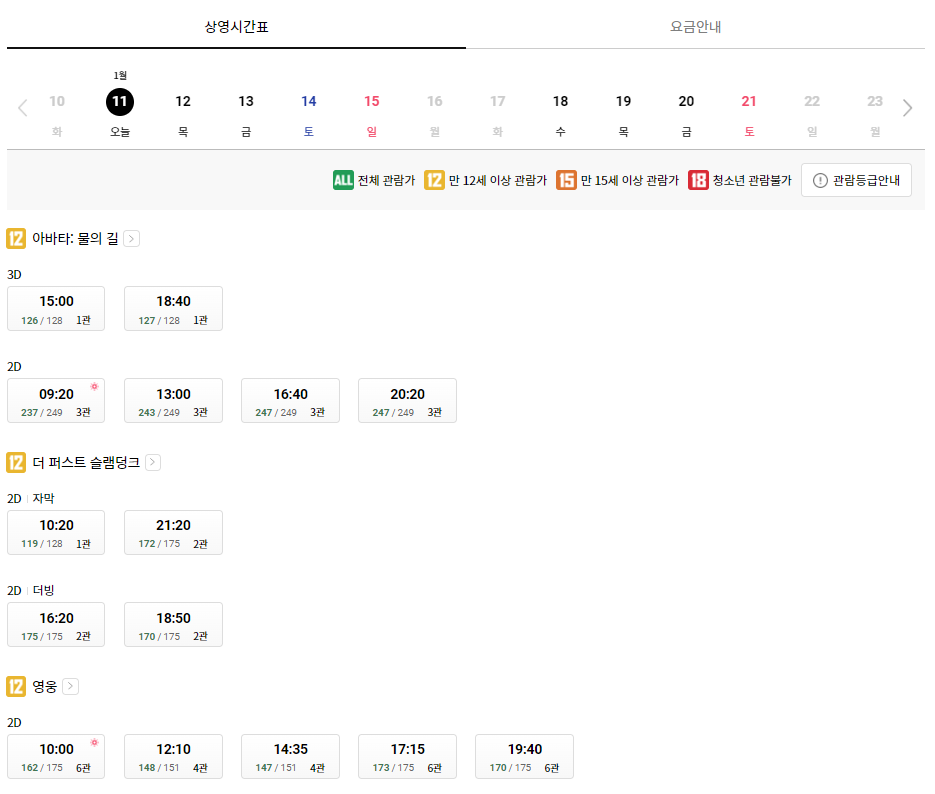 롯데시네마 김해아울렛(장유) 상영시간표 예시