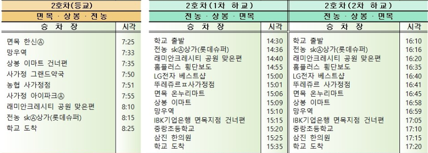 은석초 2호차 셔틀 노선 시간표