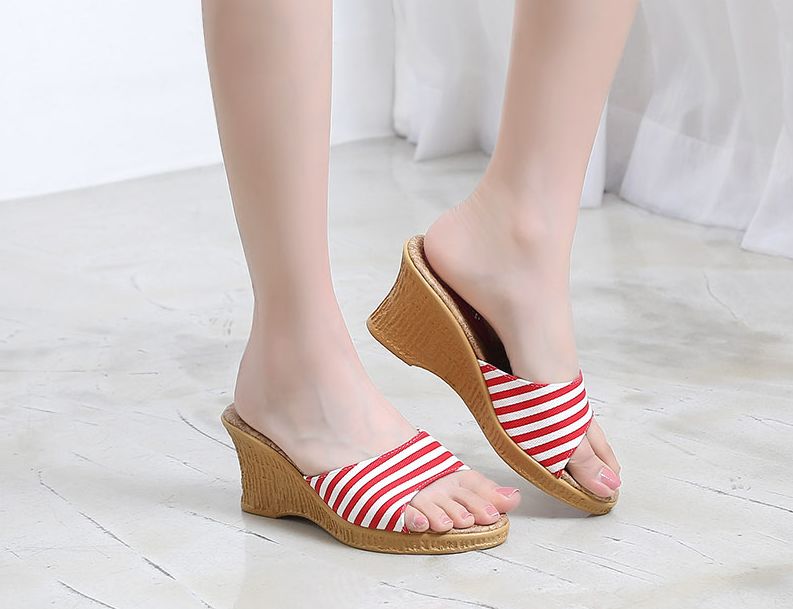  스트라이프 7cm 웨지힐 슬리퍼